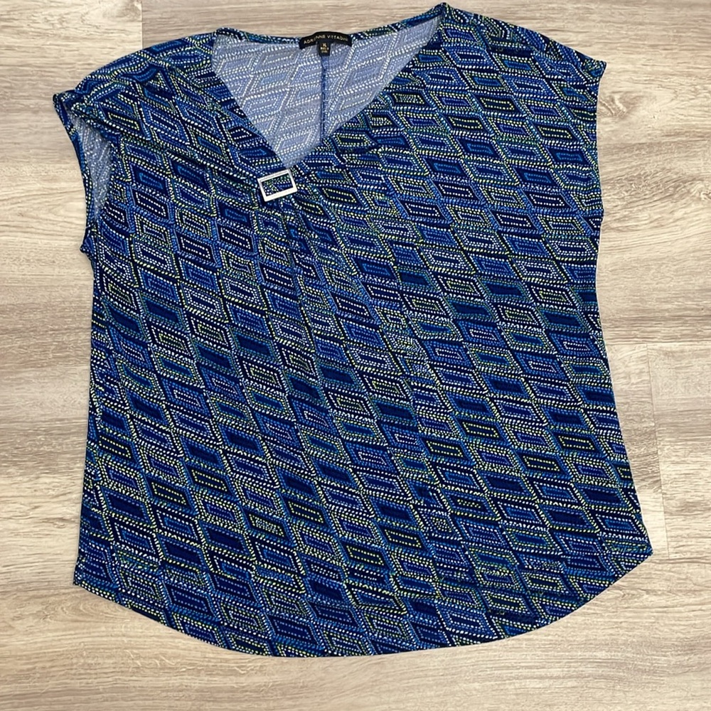 Adrienne Vittadini Blue, Green & White Print Sleeveless Ruched Blouse Size XL - Picture 5 of 12